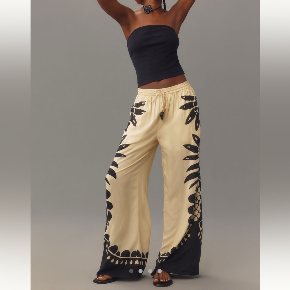 Farm Rio NWT fun S, or S petite wide leg lined pants, pockets, beaded tassels - Picture 11 of 16